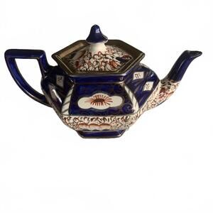 Arthur Wood 1629 Vintage Hexagonal Blue Teapot with Floral Design Gold trim READ
